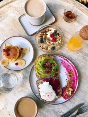 Avocado and beet hummus toast