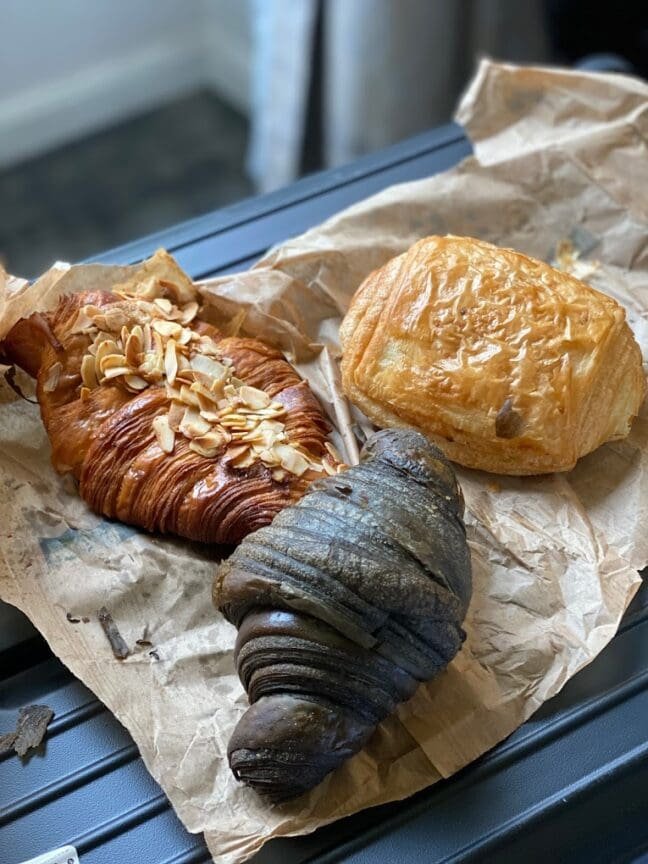 An almond croissant, a chocolate croissant, and a pain au chocolat/https://maps.app.goo.gl/tZ6ryWTdrnMwYU8UA